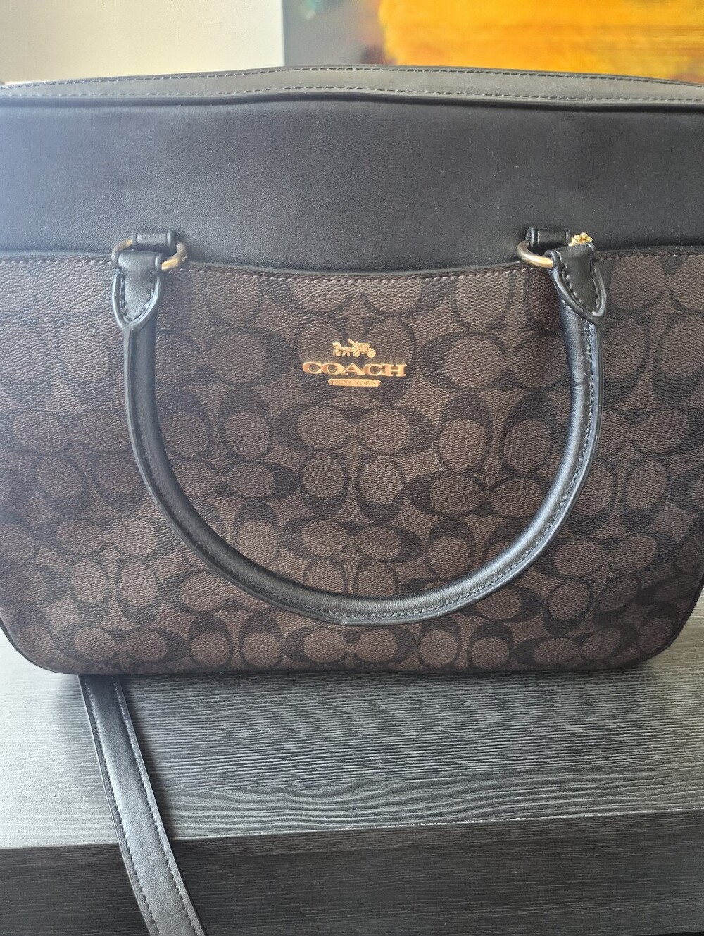 Coach Brown and Black Signature Computer Shoulder Bag